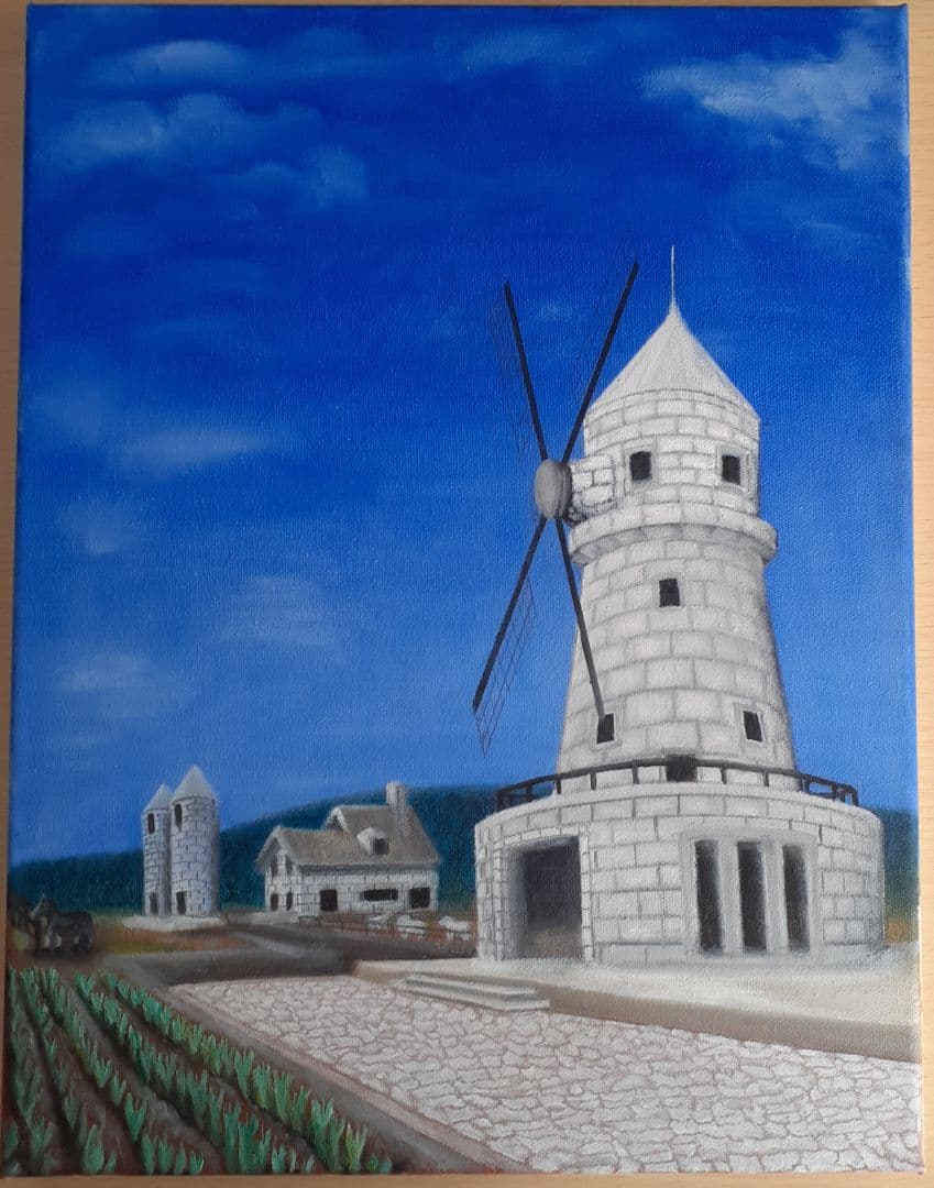 油絵　「白い風車小屋」サイズF6
