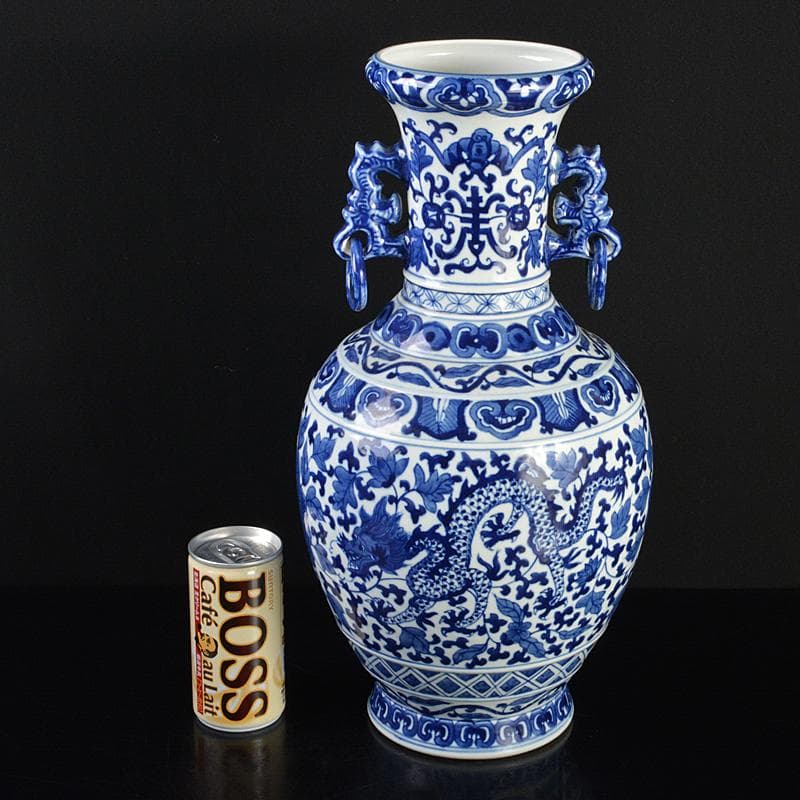 中国　大清雍正年製款　青花　唐草龍花文　遊環双耳瓶　V　R7172B