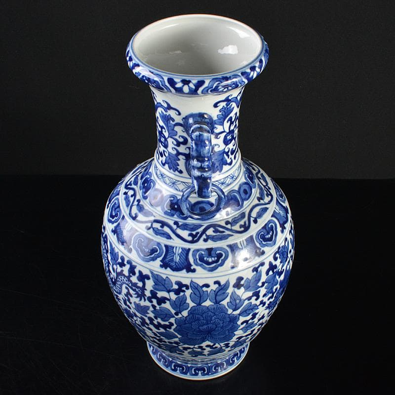 中国　大清雍正年製款　青花　唐草龍花文　遊環双耳瓶　V　R7172B