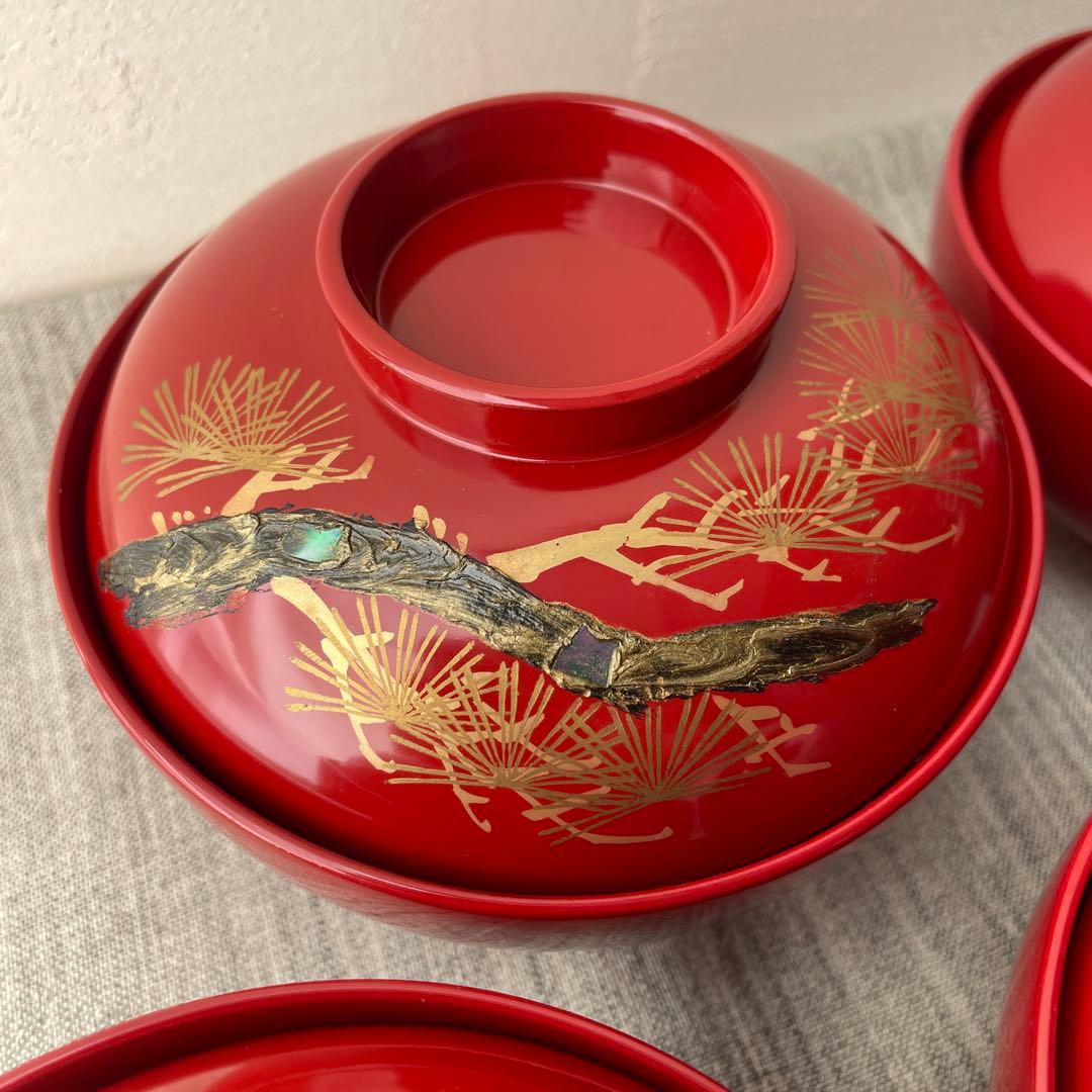 木製 螺鈿 手描き 漆塗 お椀 老松 ５個セット 加賀藩 山中塗？