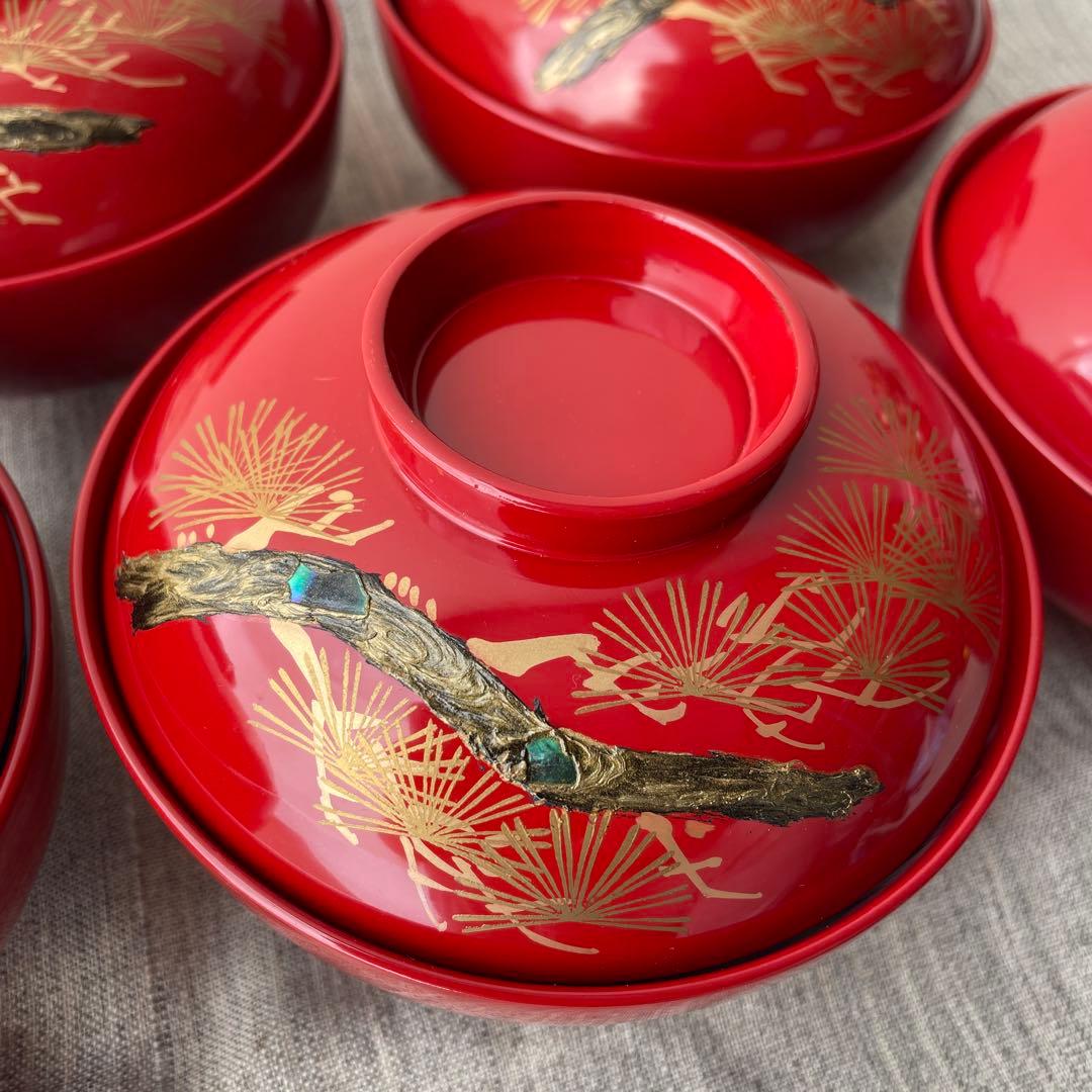 木製 螺鈿 手描き 漆塗 お椀 老松 ５個セット 加賀藩 山中塗？