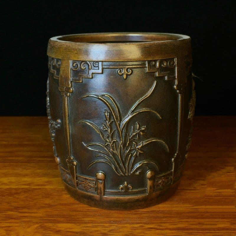 銅器 文房四宝 梅蘭竹菊筆筒 書道具 文房具 装飾品 工芸品 置物