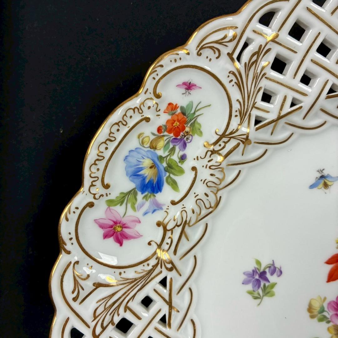 美品 マイセン 透かし皿 透かし細工金彩プレート 花と昆虫 額皿 MEISSEN