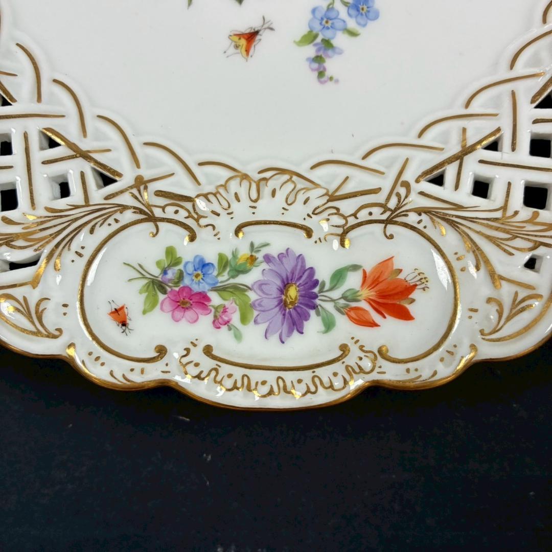 美品 マイセン 透かし皿 透かし細工金彩プレート 花と昆虫 額皿 MEISSEN