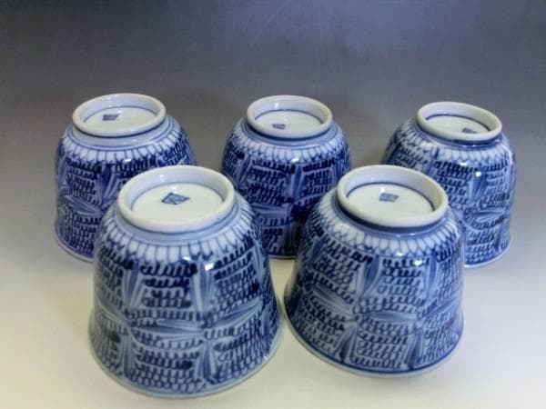 蕎麦猪口■微塵唐草文染付ソバチョコ 古鉢 酒器 小鉢 5客セット 時代物 骨董■