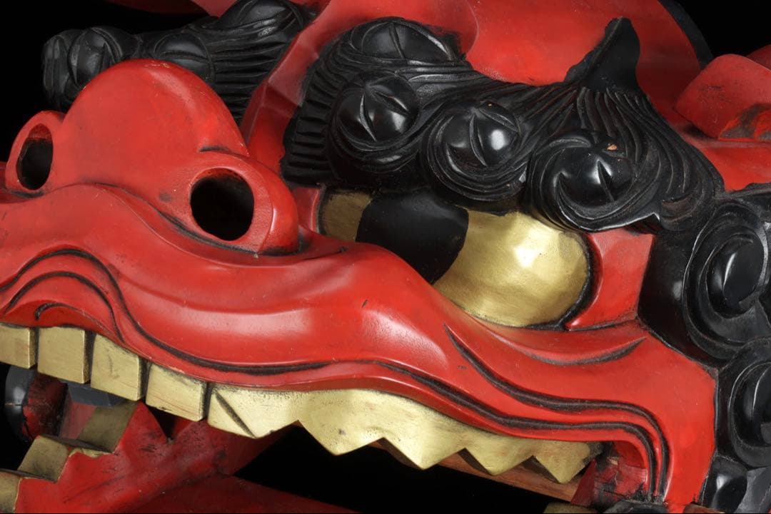 時代物 木彫獅子頭 朱漆金彩 幅49cm 獅子舞 神楽面 魔除 縁起物 骨董品