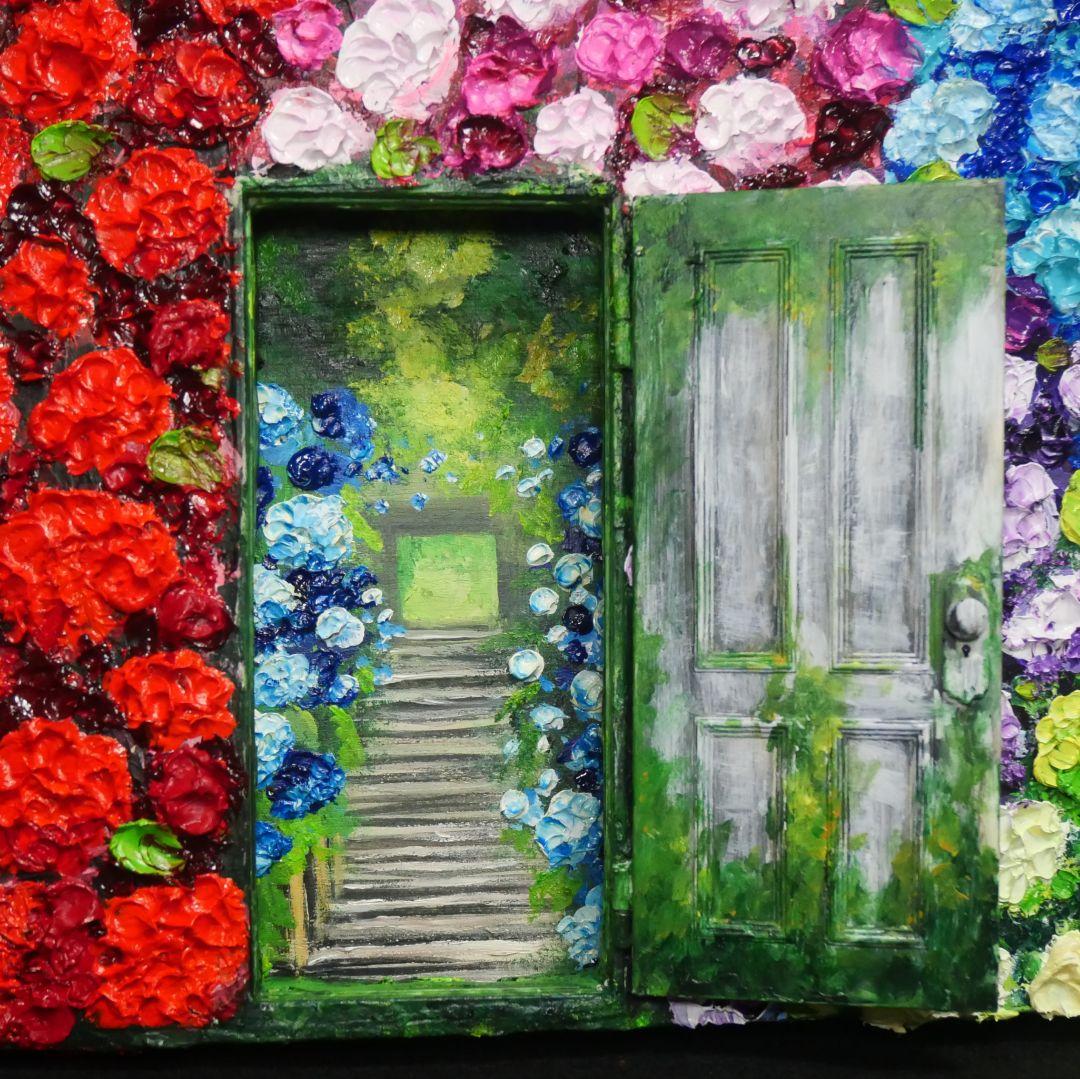 油絵 油彩 油彩画 絵画 絵【扉の先の紫陽花の階段】