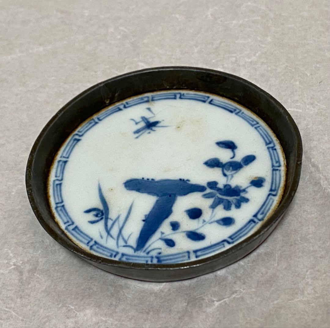 煎茶道具　中国唐物　古錫茶托　浄足銘　花に虫図染付　希少