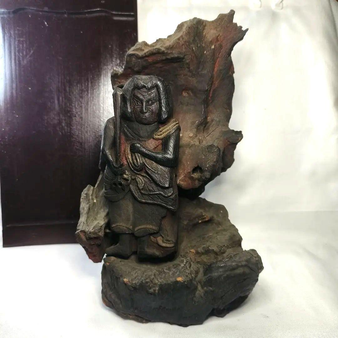 不動明王像 木彫り 樹根彫り光背 江戸骨董 桐箱付 仏教美術 アンティーク