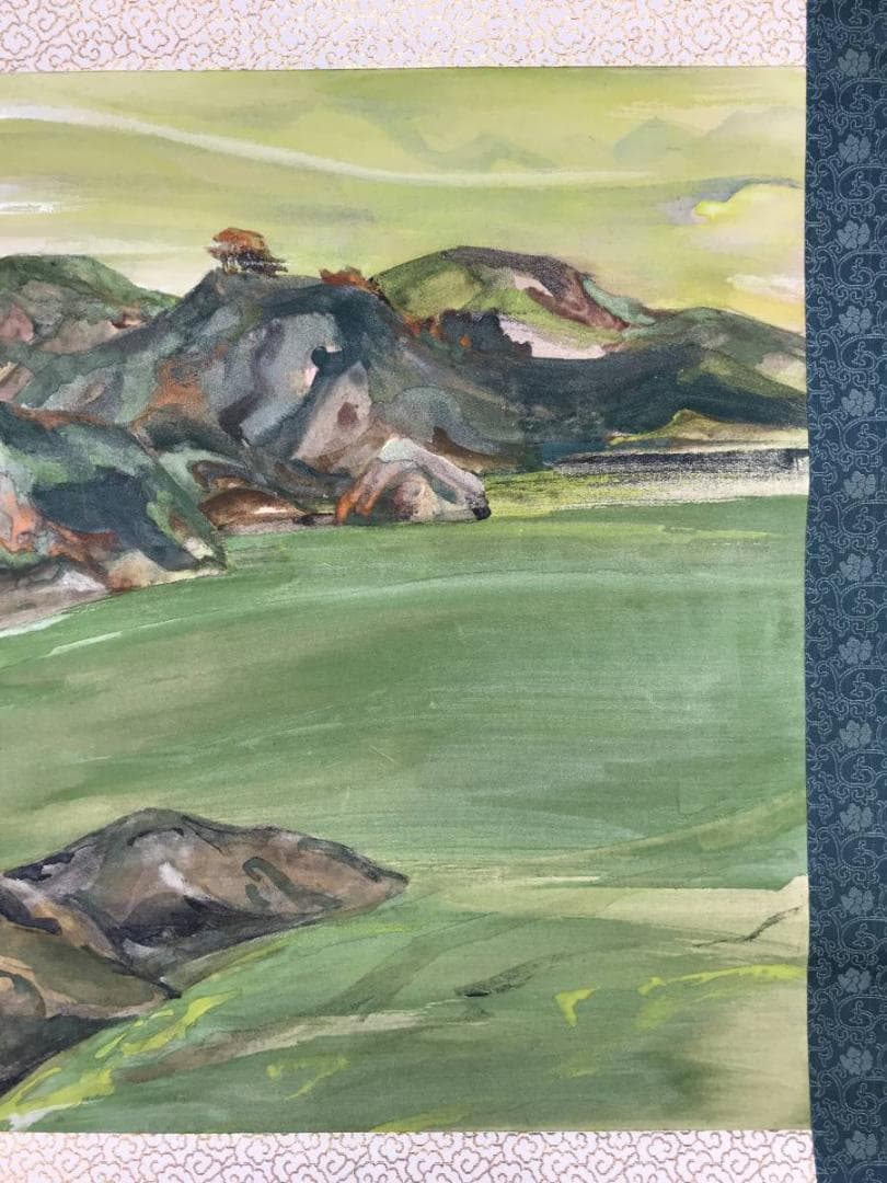 真作/福田新生/朝陽来風景/山水図/岩絵具/横物/掛軸☆宝船☆AE-428