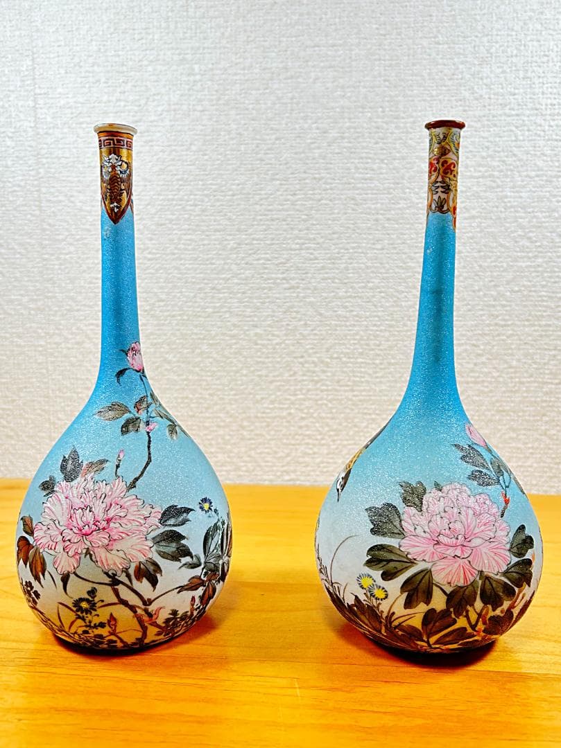 ★美品★ 竹内忠兵衛 花鳥文 花瓶 明治 シャークスキン 特許 石目焼 2点