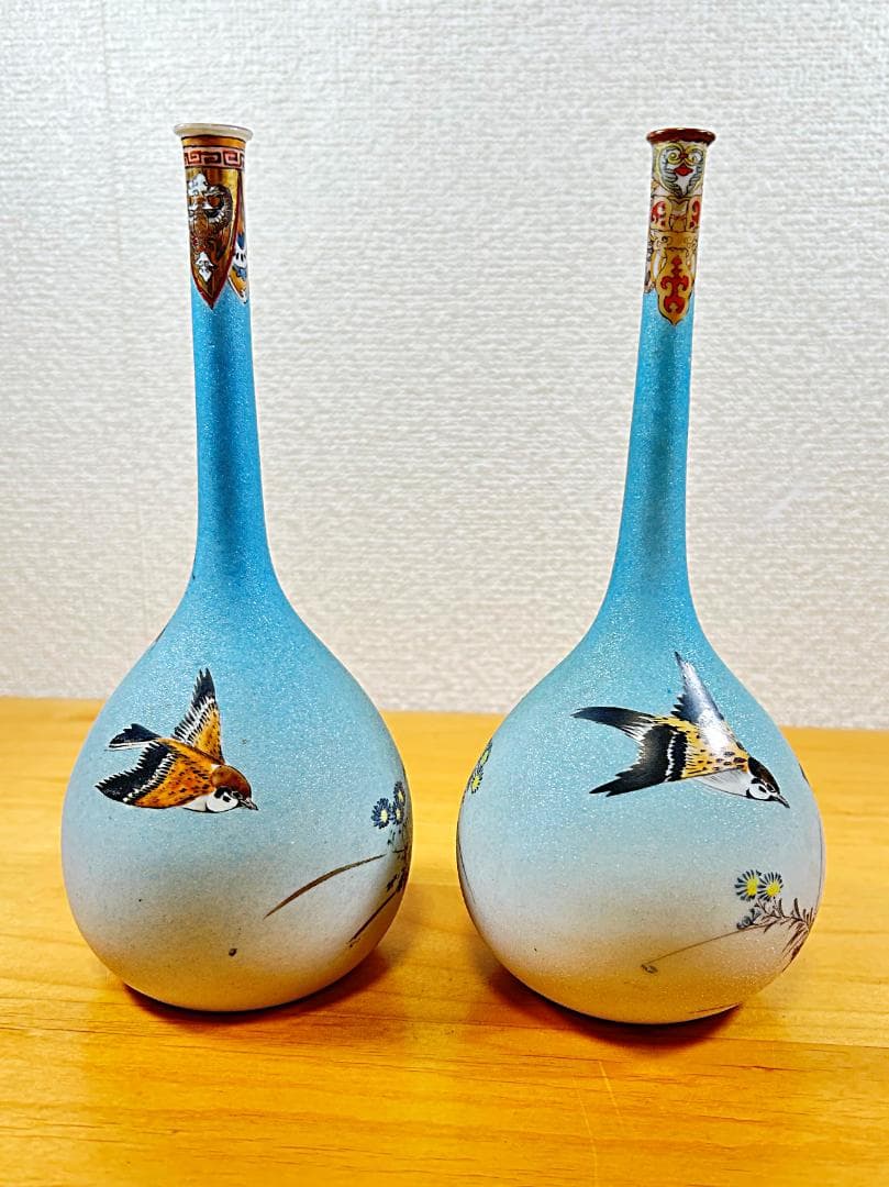 ★美品★ 竹内忠兵衛 花鳥文 花瓶 明治 シャークスキン 特許 石目焼 2点