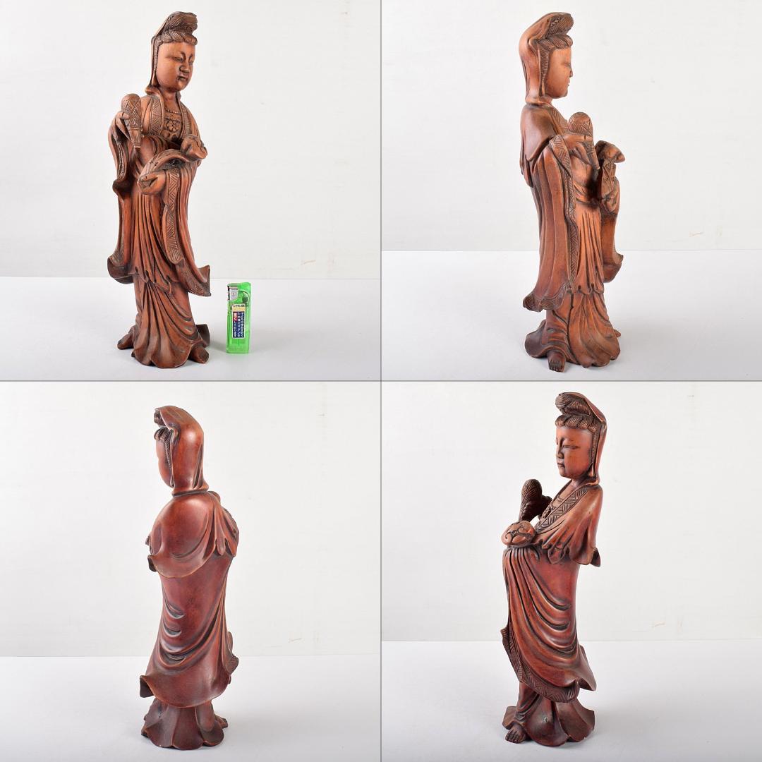中国　唐木黄楊製　観音菩薩像　仏像　置物　V　R4736
