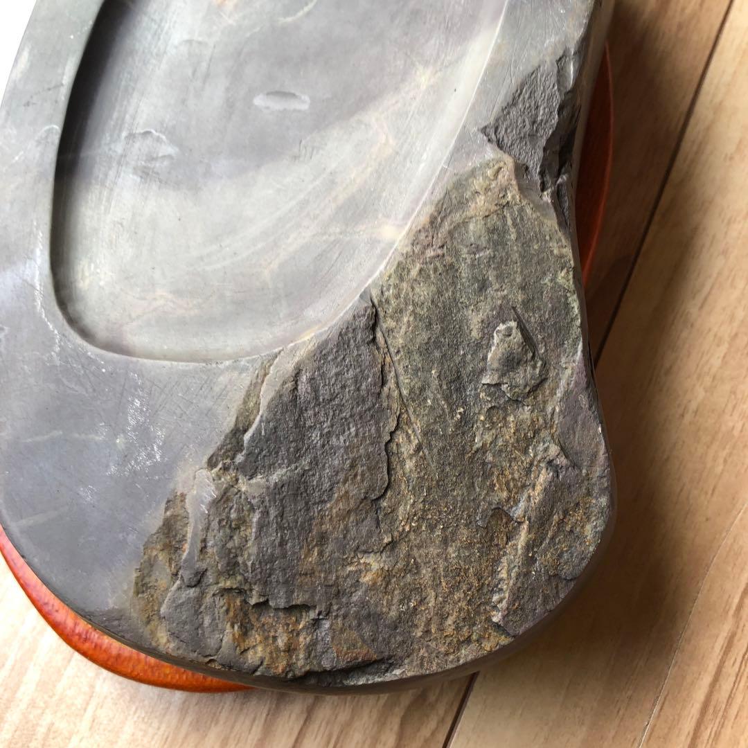 中国端渓硯 石眼あり 彫刻 唐木天地蓋付き　中古