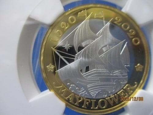 イギリス 2ポンド銀貨☆メイフラワー号航海400周年／未使用／NGC PF69