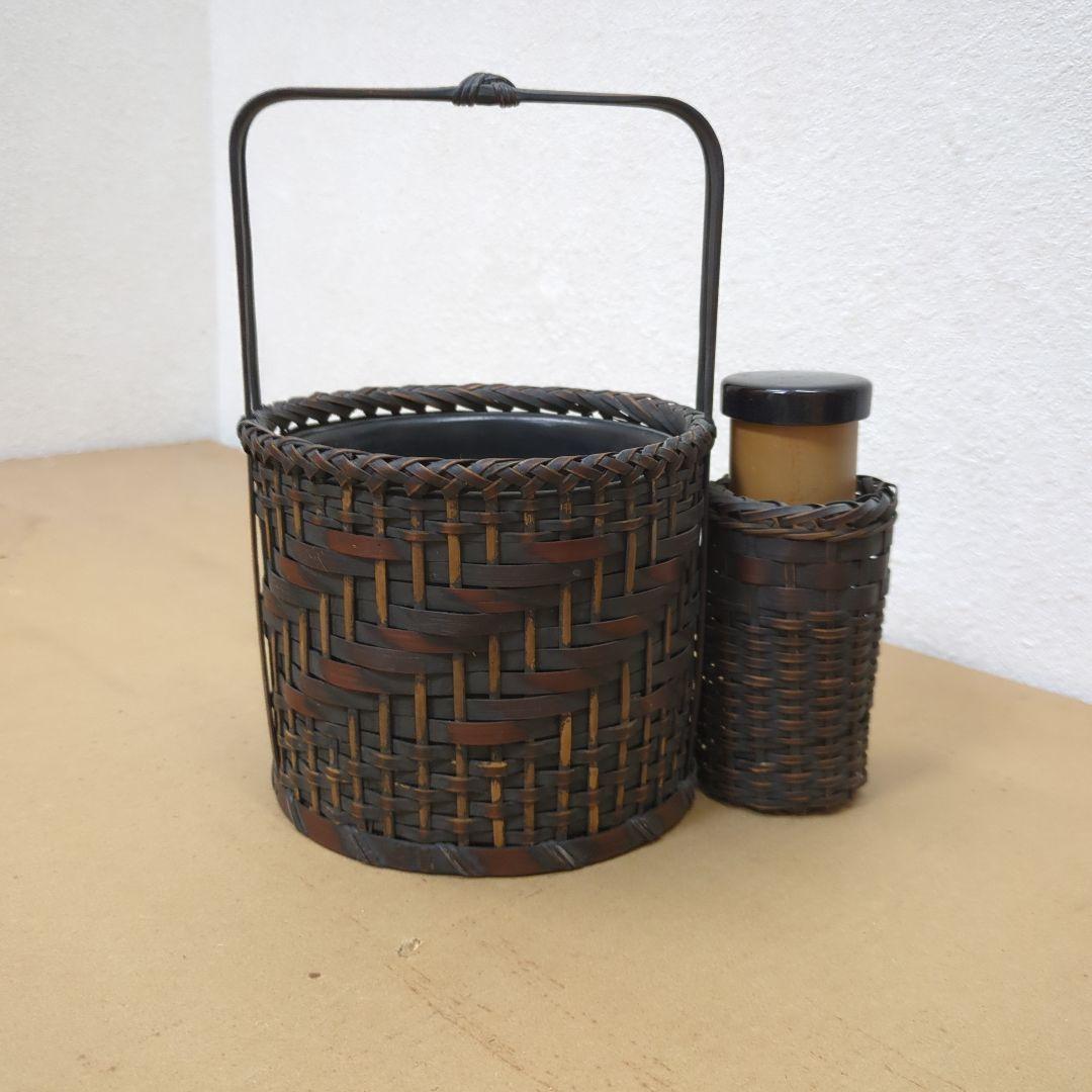 骨董　煙草盆　珍品　編み籠　内側陶器　花入　鉢カバー　手提げ　莨盆