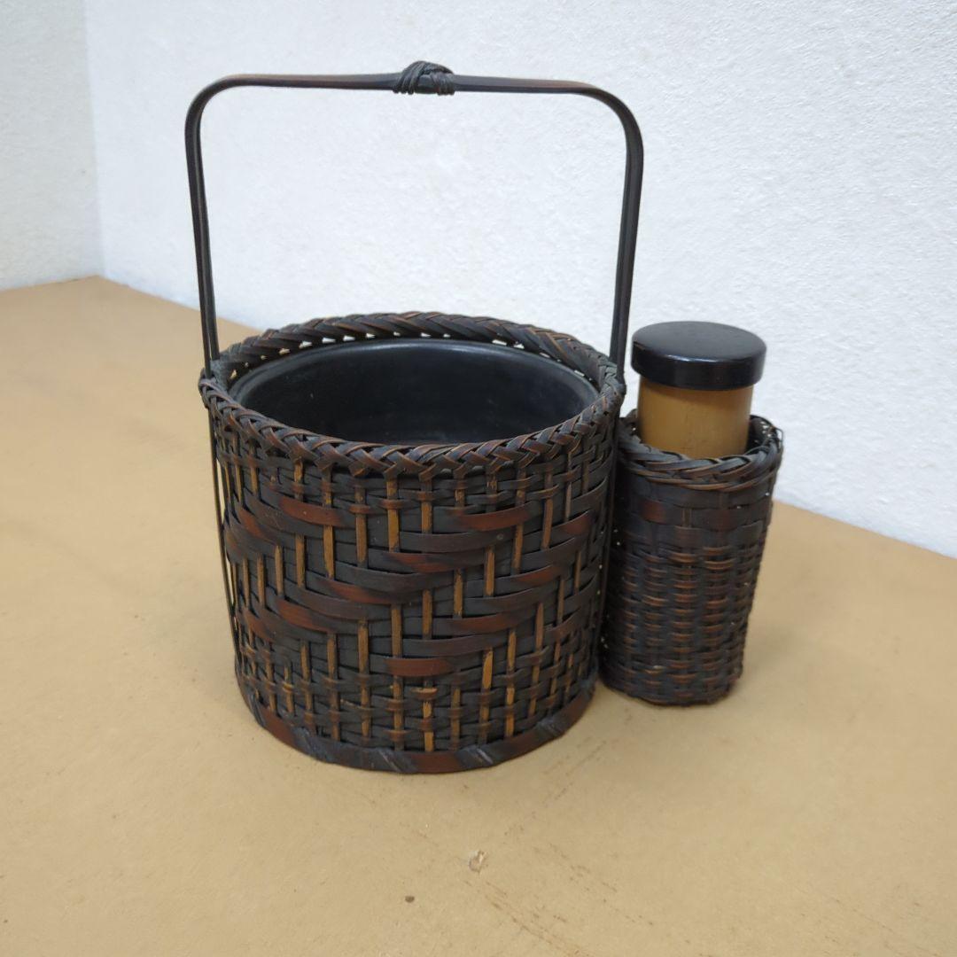 骨董　煙草盆　珍品　編み籠　内側陶器　花入　鉢カバー　手提げ　莨盆