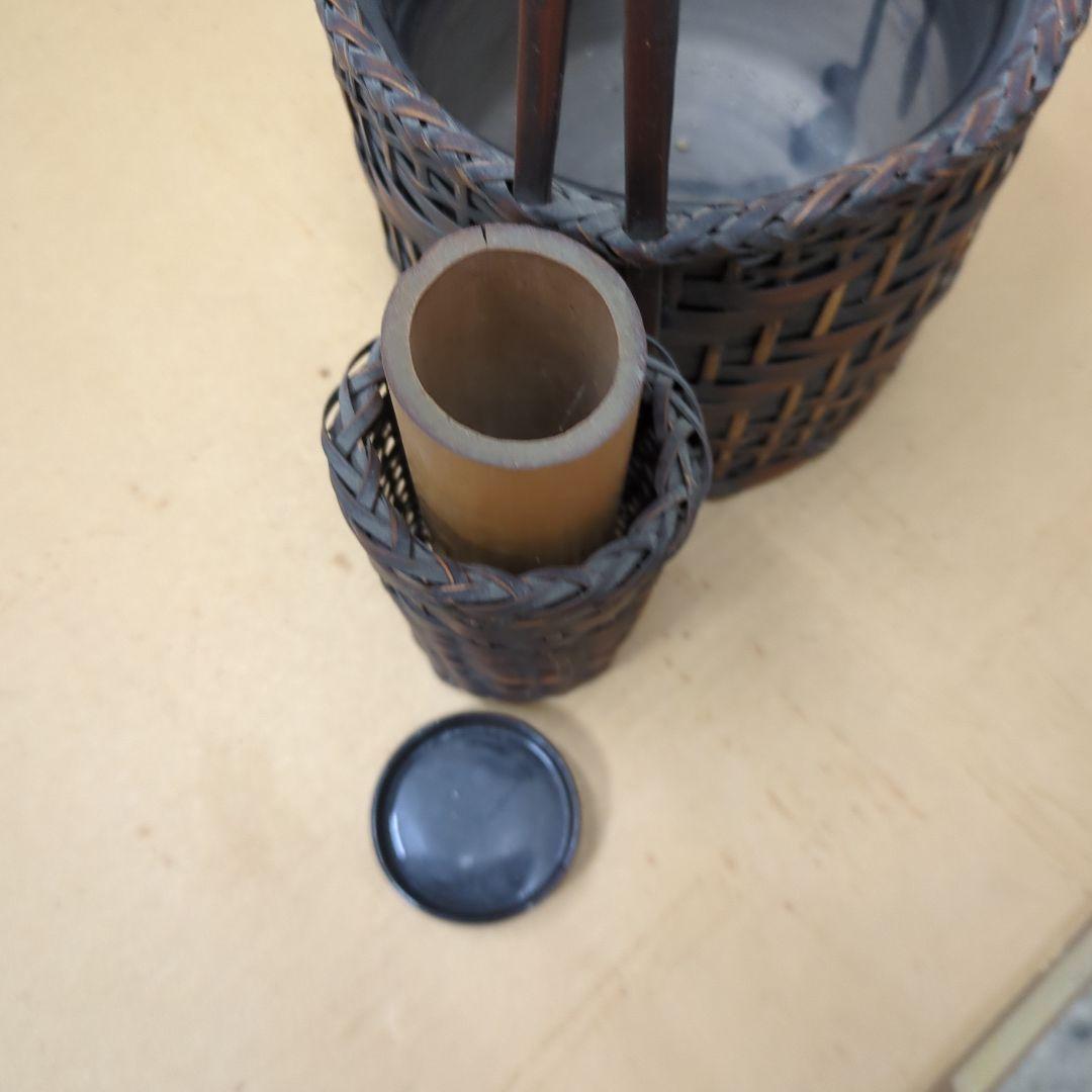 骨董　煙草盆　珍品　編み籠　内側陶器　花入　鉢カバー　手提げ　莨盆