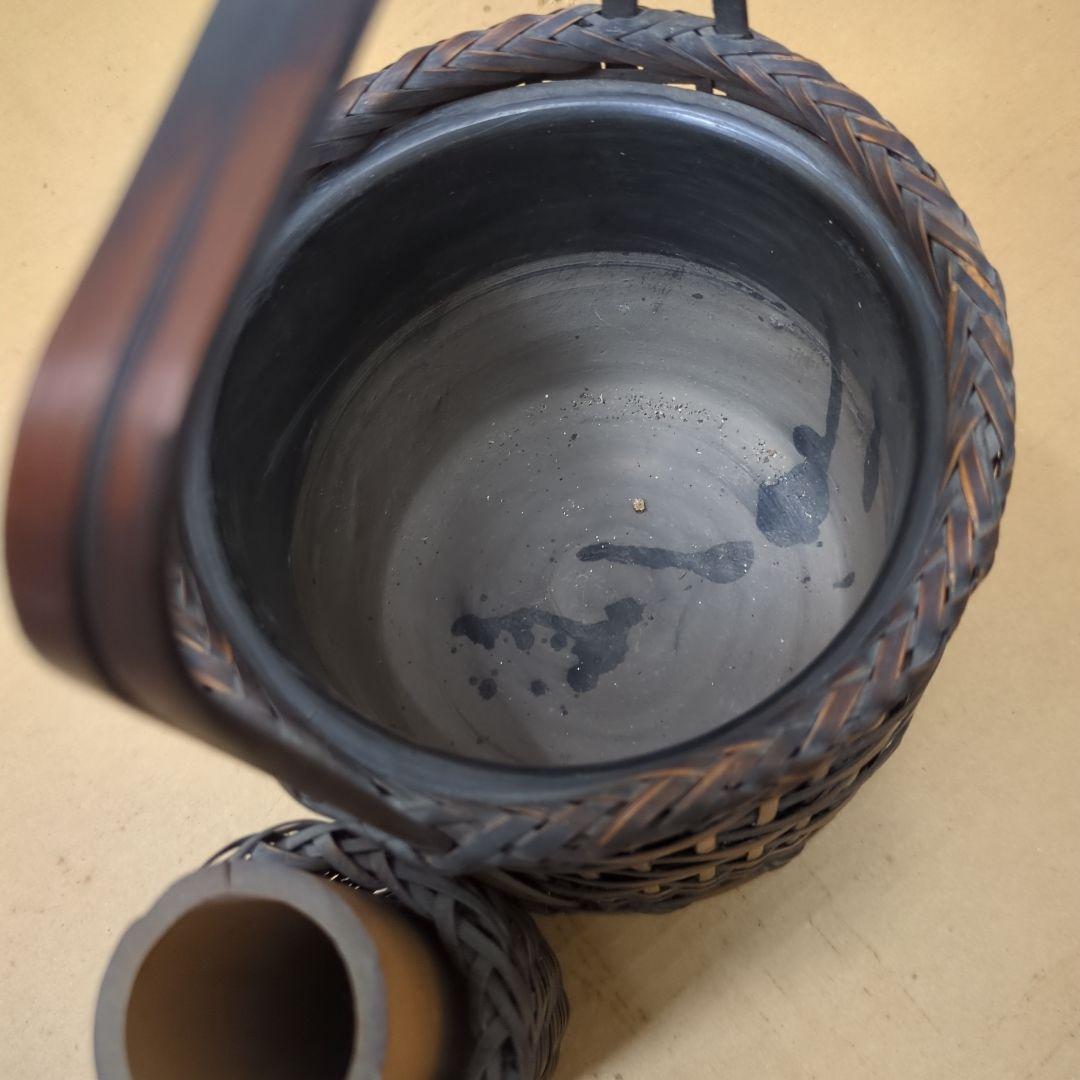 骨董　煙草盆　珍品　編み籠　内側陶器　花入　鉢カバー　手提げ　莨盆