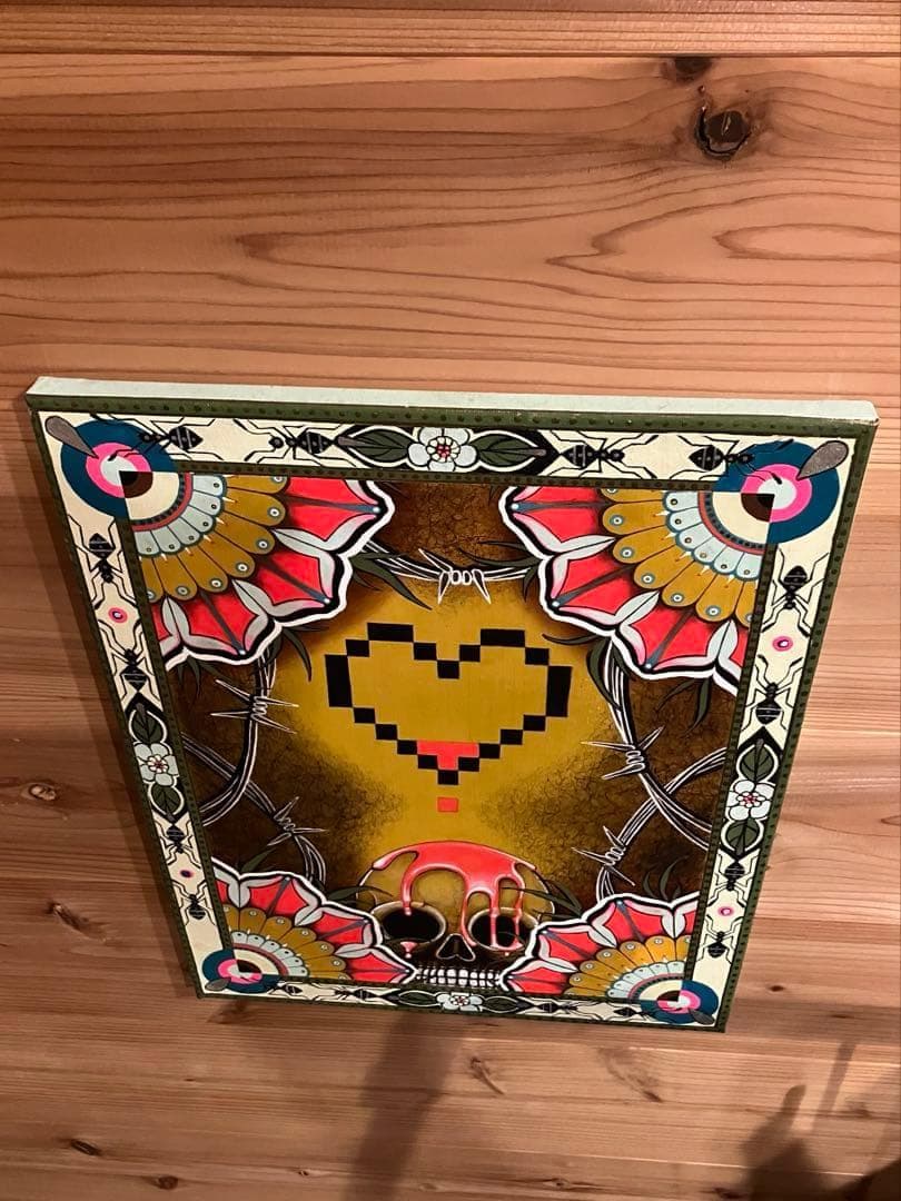 現代アート 油彩画 肉筆 一点物 スカル ピクセルハート F6号相当 ガレージ