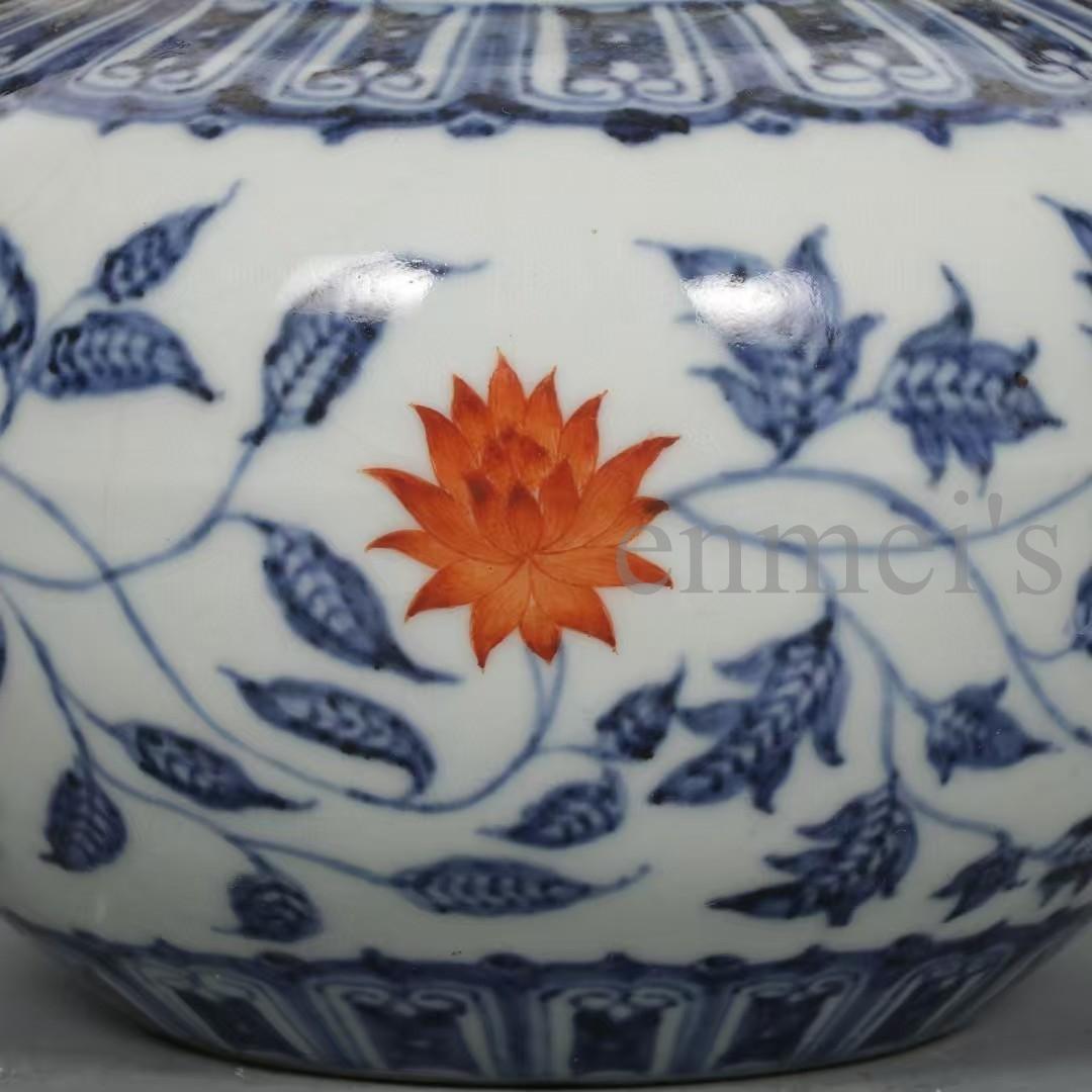 中国古美術・明宣徳年款・青花磁礬紅纏枝蓮紋罐・花瓶・木箱付・文房具・置物・陶器