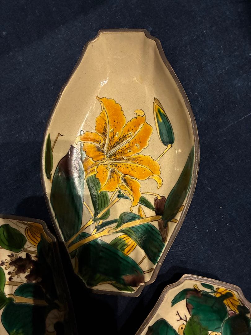 九谷焼　青手　絵がわり　菱皿　5枚　手描き　金彩　古手 傷無し　古九谷写