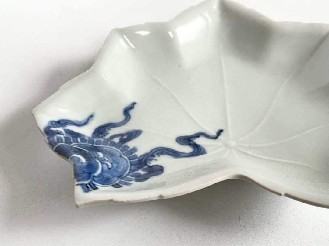 骨董　アンティーク　藍九谷　染付如意雲文楓形皿　変形皿