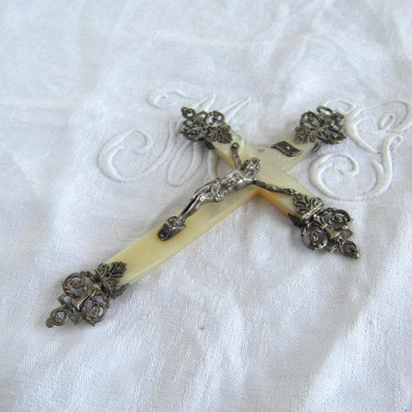 フランスアンティーク 大きな十字架 マザーオブパール 銀製 白蝶貝