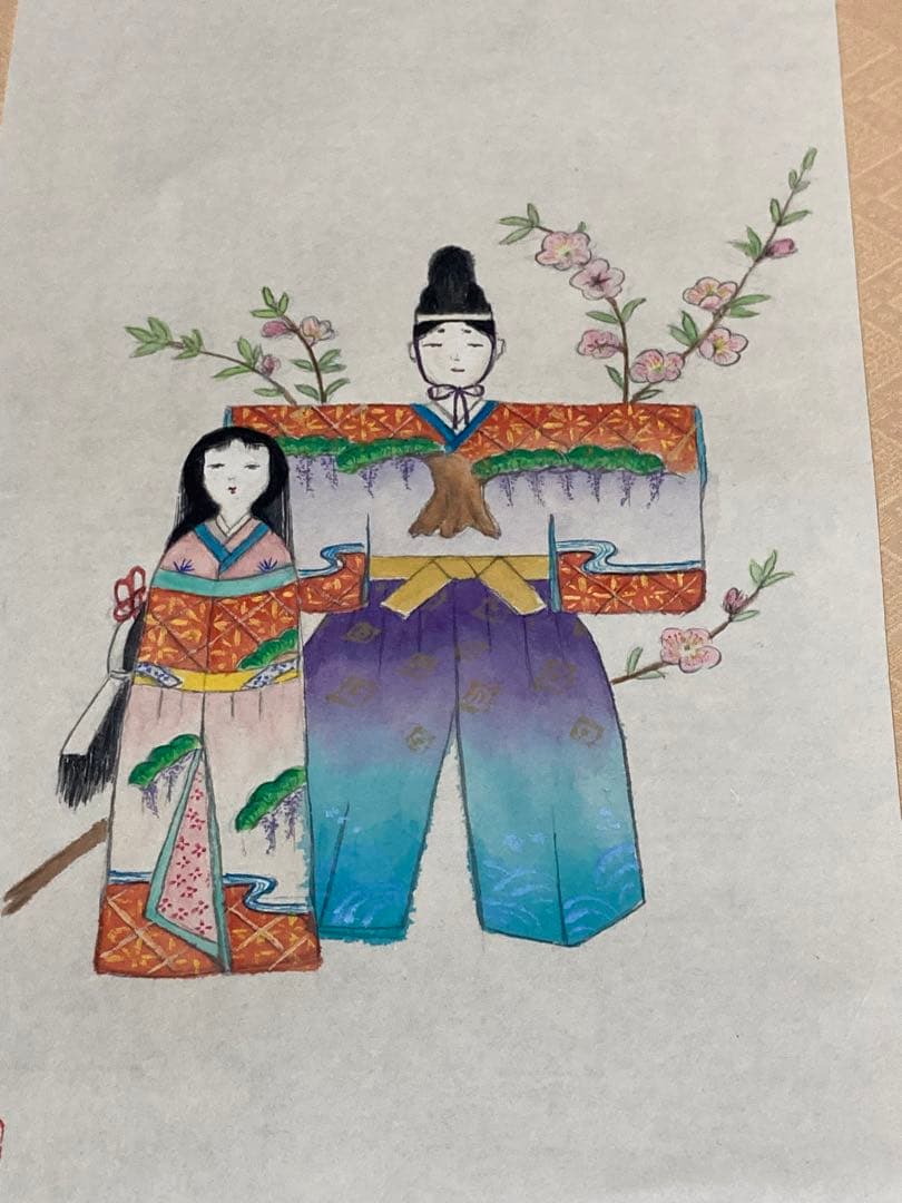 望月春江 真作　掛軸 短冊　めおと雛　桃の節句　雛祭りに　 肉筆 日本画