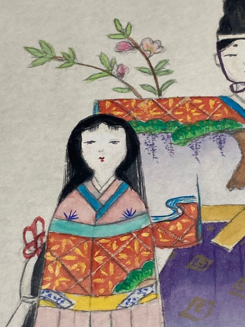 望月春江 真作　掛軸 短冊　めおと雛　桃の節句　雛祭りに　 肉筆 日本画