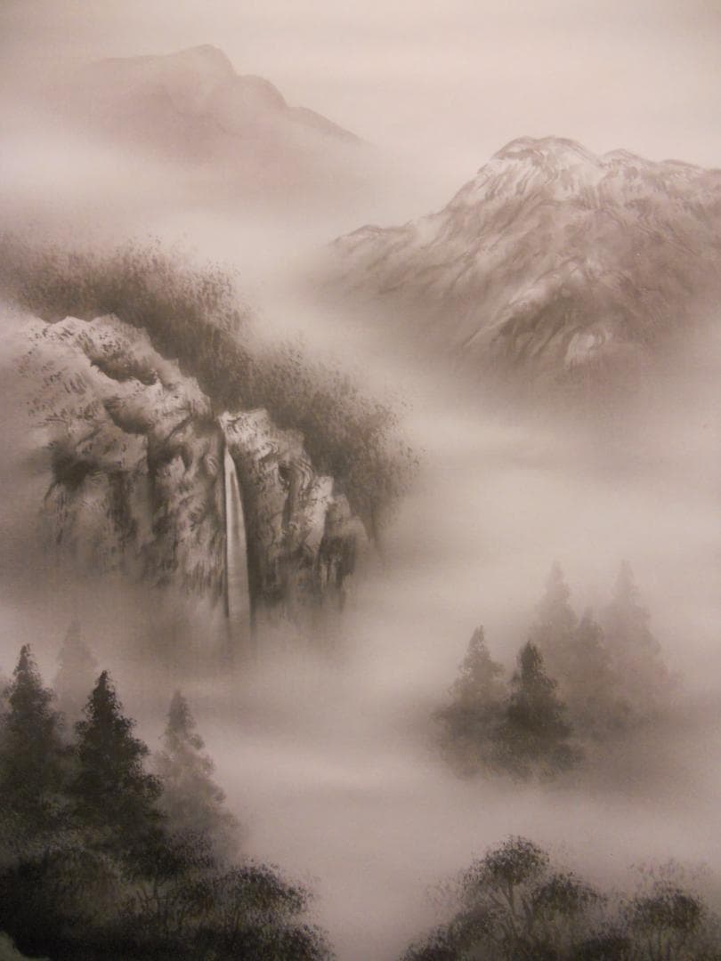 掛け軸  関口仙崖 水墨山水 絹本 希少 軸装 茶道具 掛軸 美品 です。