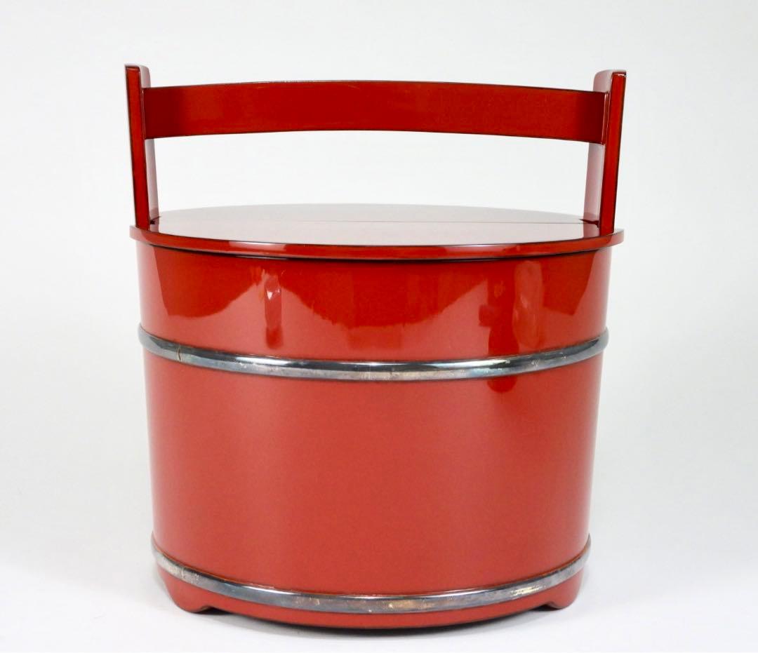 木製　輪島塗　銀輪線　朱漆塗り　手桶水指　共箱　茶道具