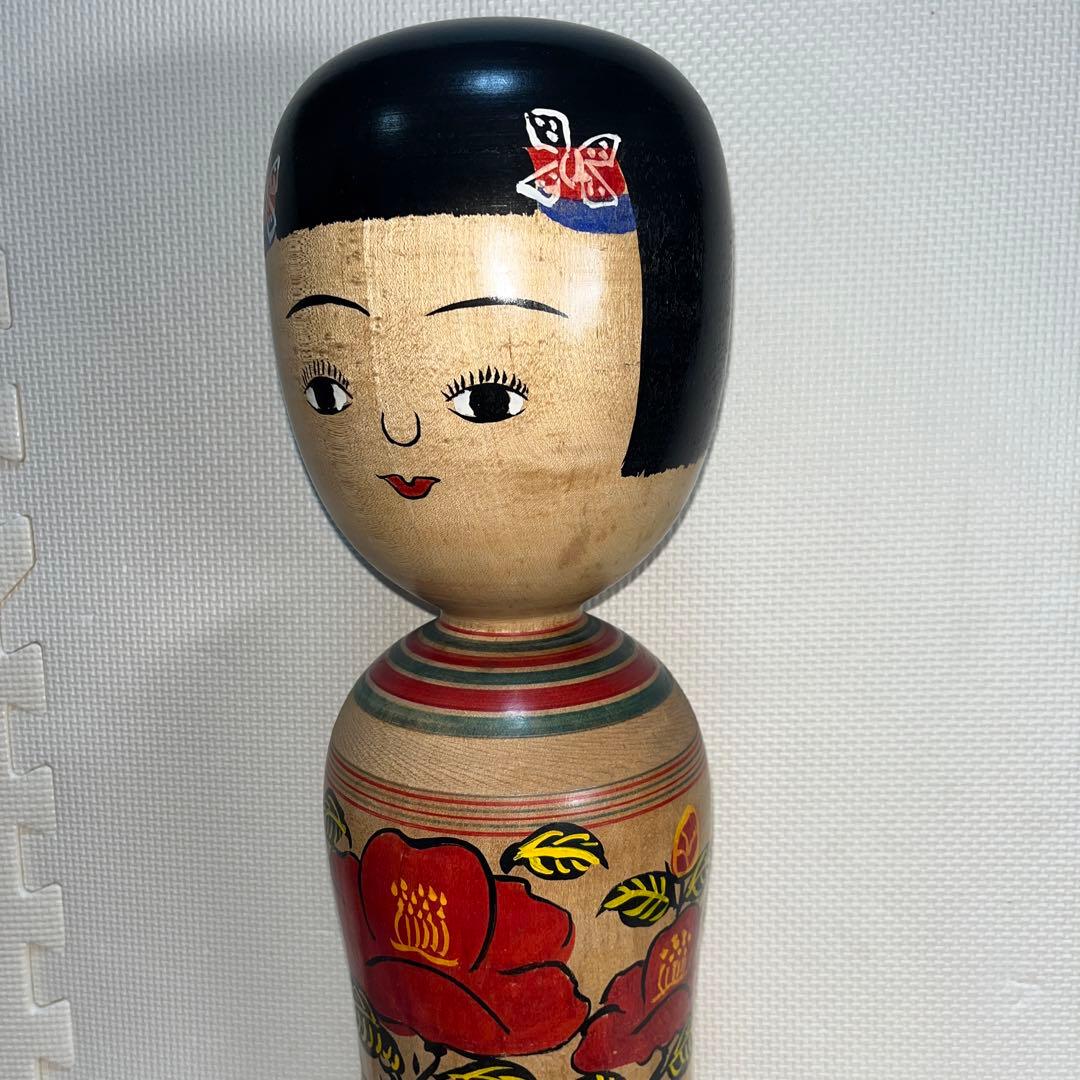 伝統こけし　木地山こけし　⭕️超レアなロクロ線椿花模様50cm超　名工　小椋久太郎