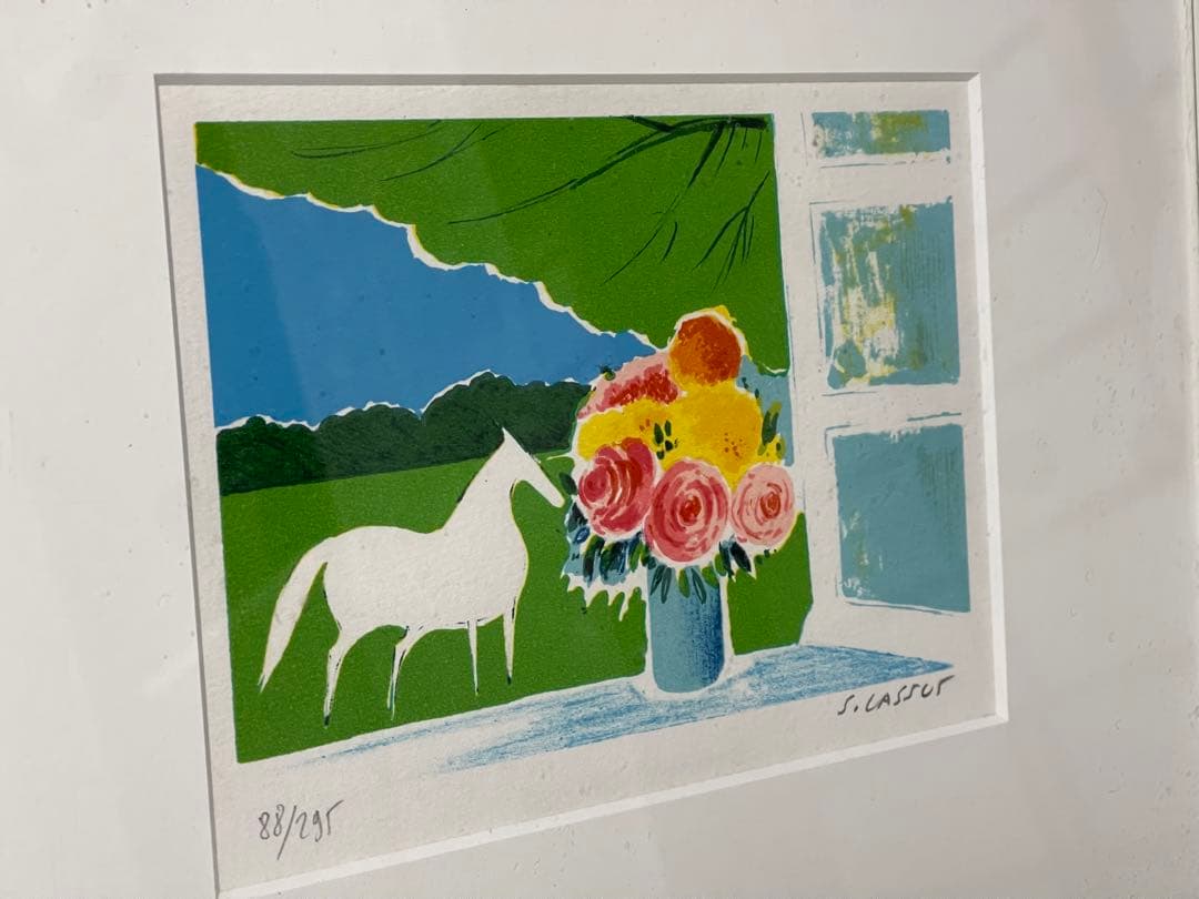リトグラフ　版画　セルジュ・ラシス　/antique 英国　薔薇　白馬　縁起物