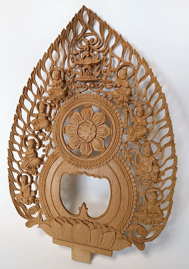 光背(3寸坐像用)#416 透し彫 奏楽飛天 宝塔◆白檀 木彫 仏像付属品