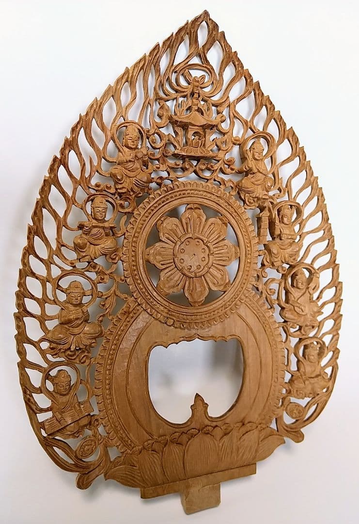 光背(3寸坐像用)#416 透し彫 奏楽飛天 宝塔◆白檀 木彫 仏像付属品