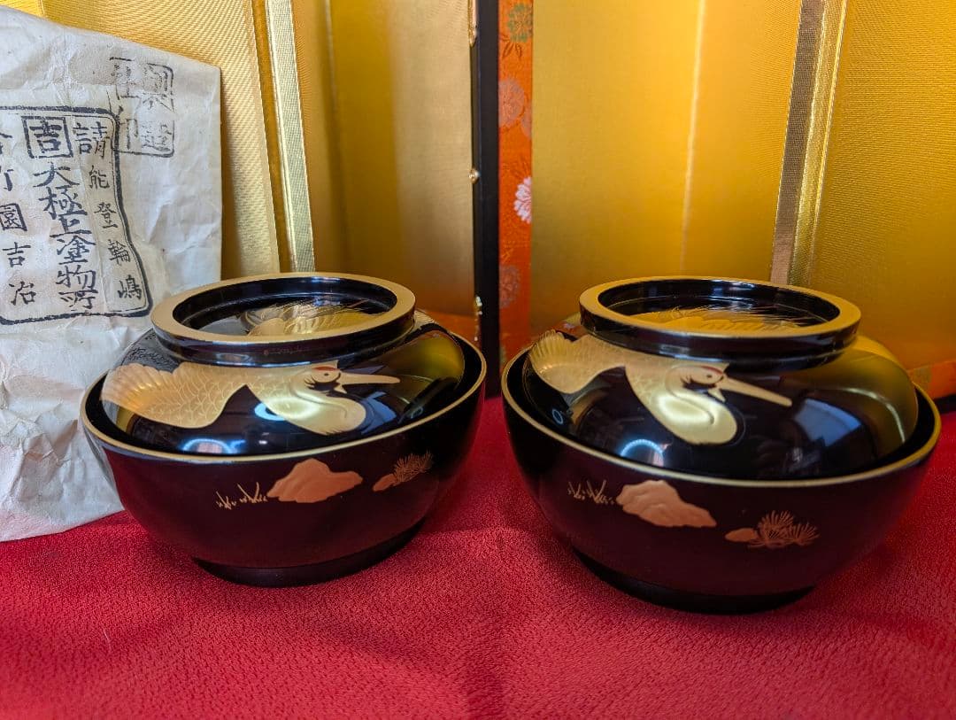 明治時代 輪島塗 金蒔絵 椀 2客 鶴亀 お正月用 木製 汁椀 菓子椀 漆器