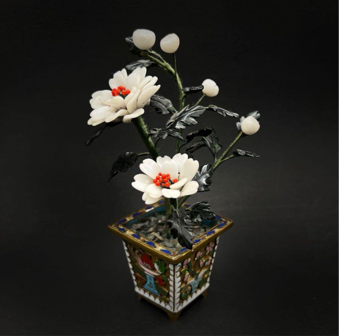 中国美術 古玩 七宝焼 景泰藍 玉石盆栽　玉石盆景