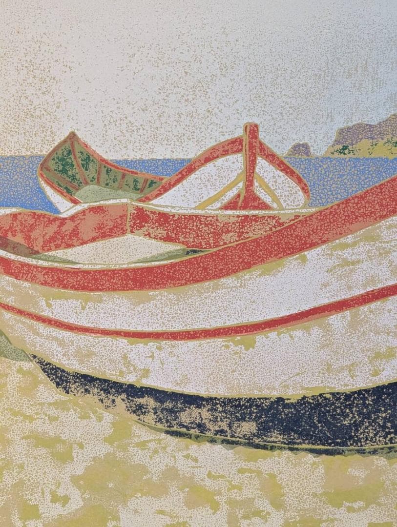 【真作】版画　山家久幸　シルクスクリーン　ナザレ海岸　浜辺の風景版画　Z45