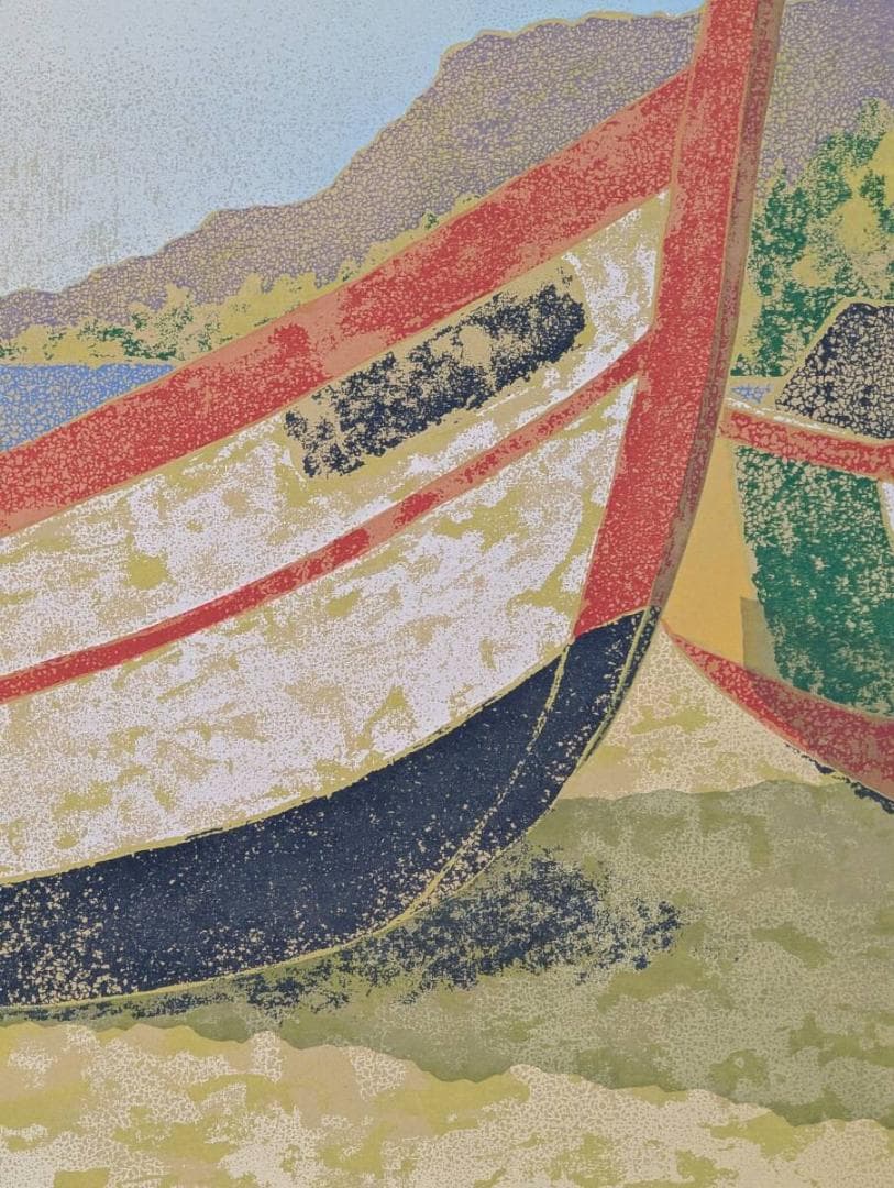 【真作】版画　山家久幸　シルクスクリーン　ナザレ海岸　浜辺の風景版画　Z45