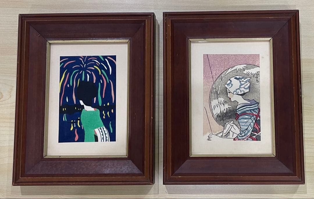 竹久夢二 木版画 版画 額装 『月夜の女』、『花火』 大正ロマン 北乃画廊 2点