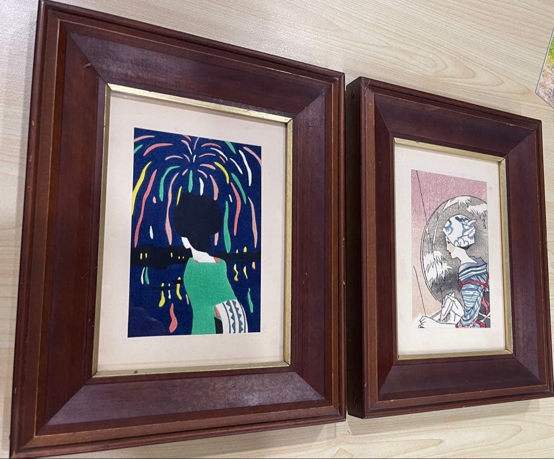 竹久夢二 木版画 版画 額装 『月夜の女』、『花火』 大正ロマン 北乃画廊 2点