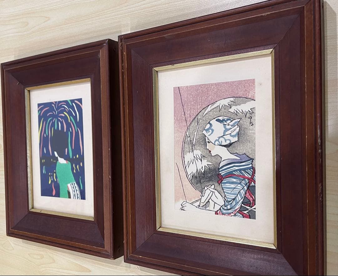 竹久夢二 木版画 版画 額装 『月夜の女』、『花火』 大正ロマン 北乃画廊 2点