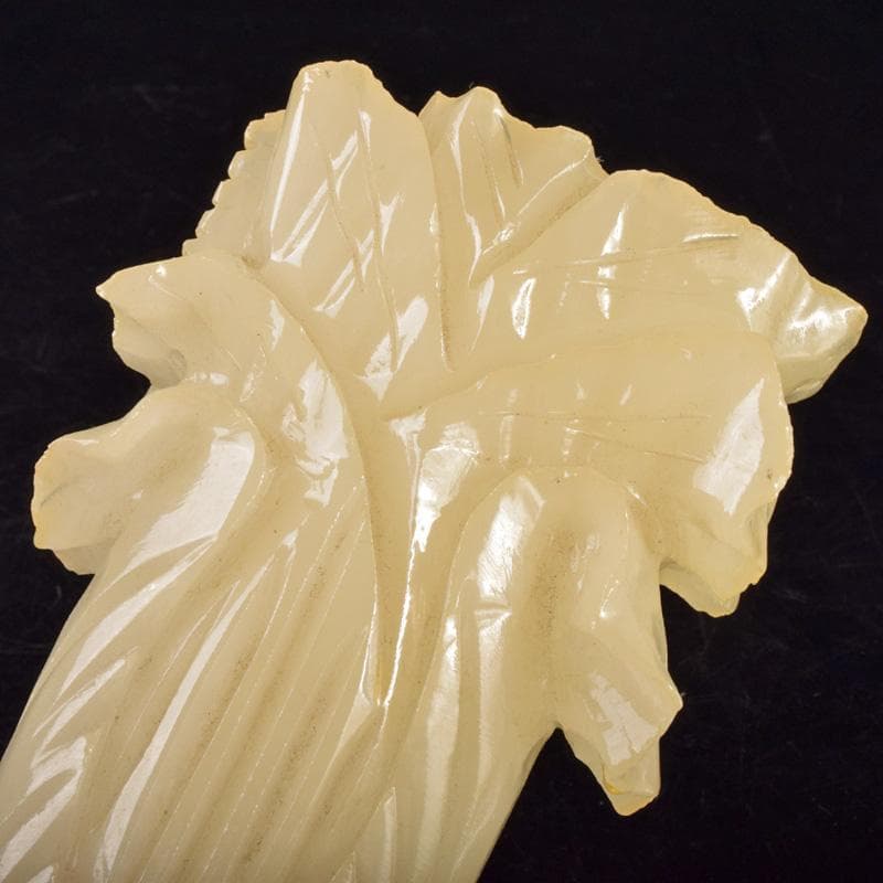 中国　玉石白玉彫刻　白菜　置物　唐木台付　C　R7586