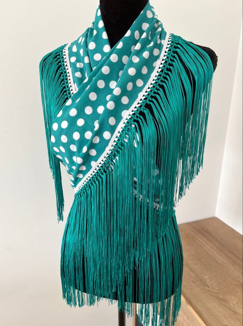 フラメンコ マントンシージョ ブルーグリーンxホワイト水玉　ブルーグリーンフレコ