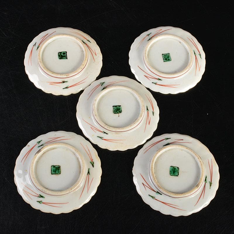 九谷焼　古九谷　角福銘　色絵花鳥文　輪花皿　手塩皿　小皿　五客　V　R7321