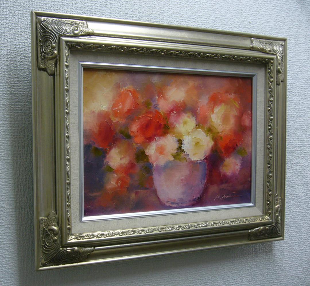 絵画 油絵 青木今陽 肉筆油絵  手淡い色合いの 薔薇の花