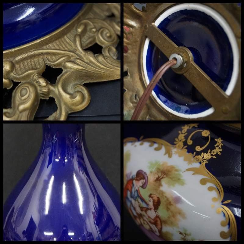 大型ランプ フリルガラスランプ 金彩色絵『貴公子と貴婦人文』洋燈 卓上ランプ