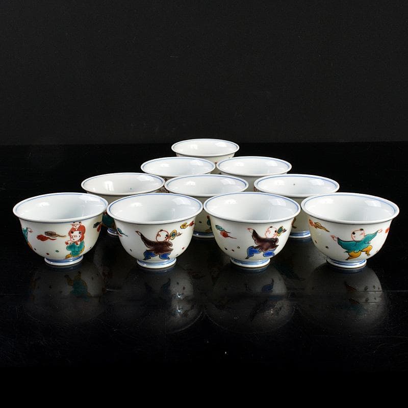 九谷焼　堀江青光作　色絵唐子文　波出茶碗　10客　共箱　V　6261