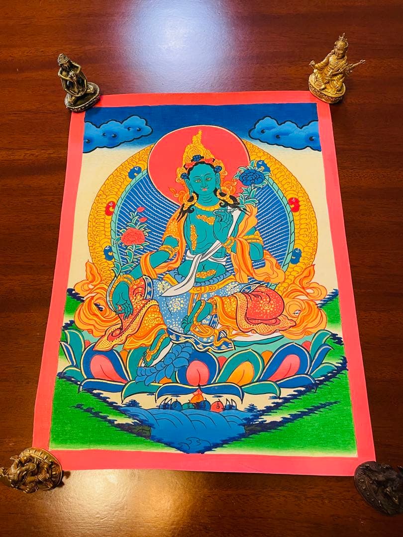 手描き 肉筆画 グリーンターラー 緑多羅菩薩 タンカ 曼荼羅 38 × 26